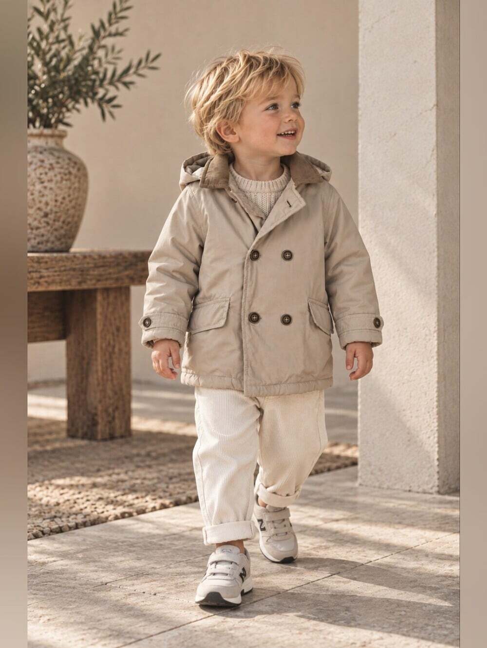 Zara Baby Boys Hooded Trench Coat Beige Double Breasted Jacket 2-3Y Workerwear